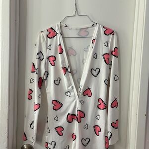 White Long Sleeve Top with Pink Heart Print